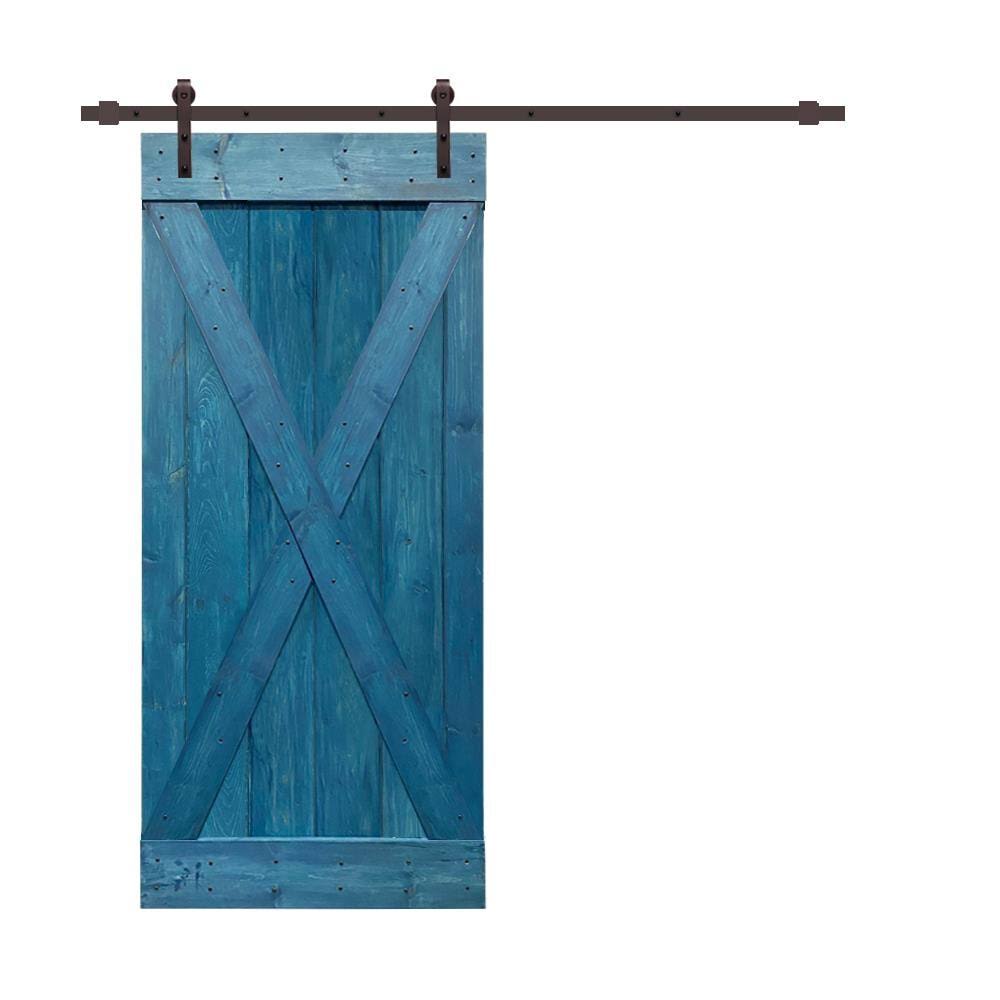 Ocean Blue Stained Wood Interior Sliding Barn Door with Hardware Kit S8650