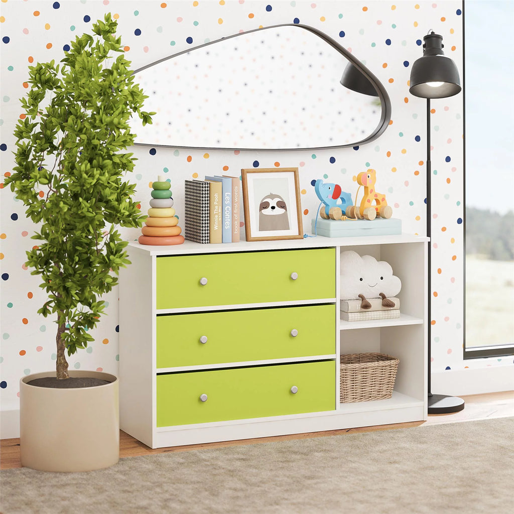 White Wide Dresser with 3 Fabric Bins Y6926