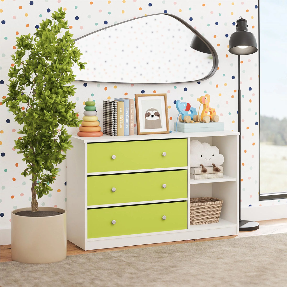 White Wide Dresser with 3 Fabric Bins Y6926