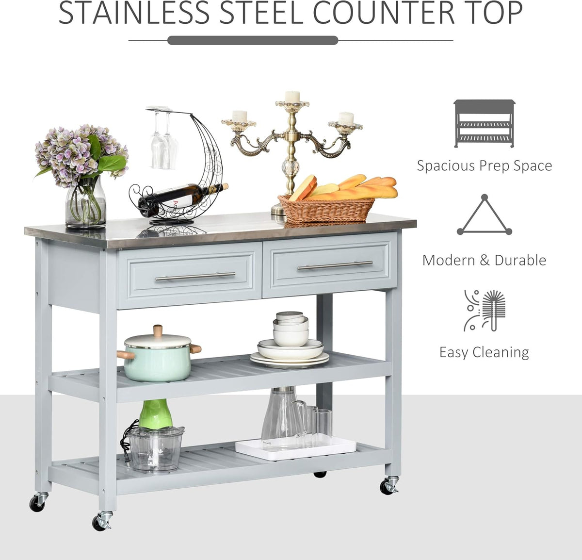 Grey Stainless Steel Top Rolling Utility Cart with Drawers and Shelves X46277