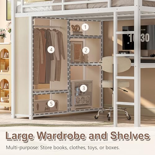 Queen Heavy Duty Metal Loft Bed with L-Shaped Desk, Wardrobe & 5 Storage Shelves X92616