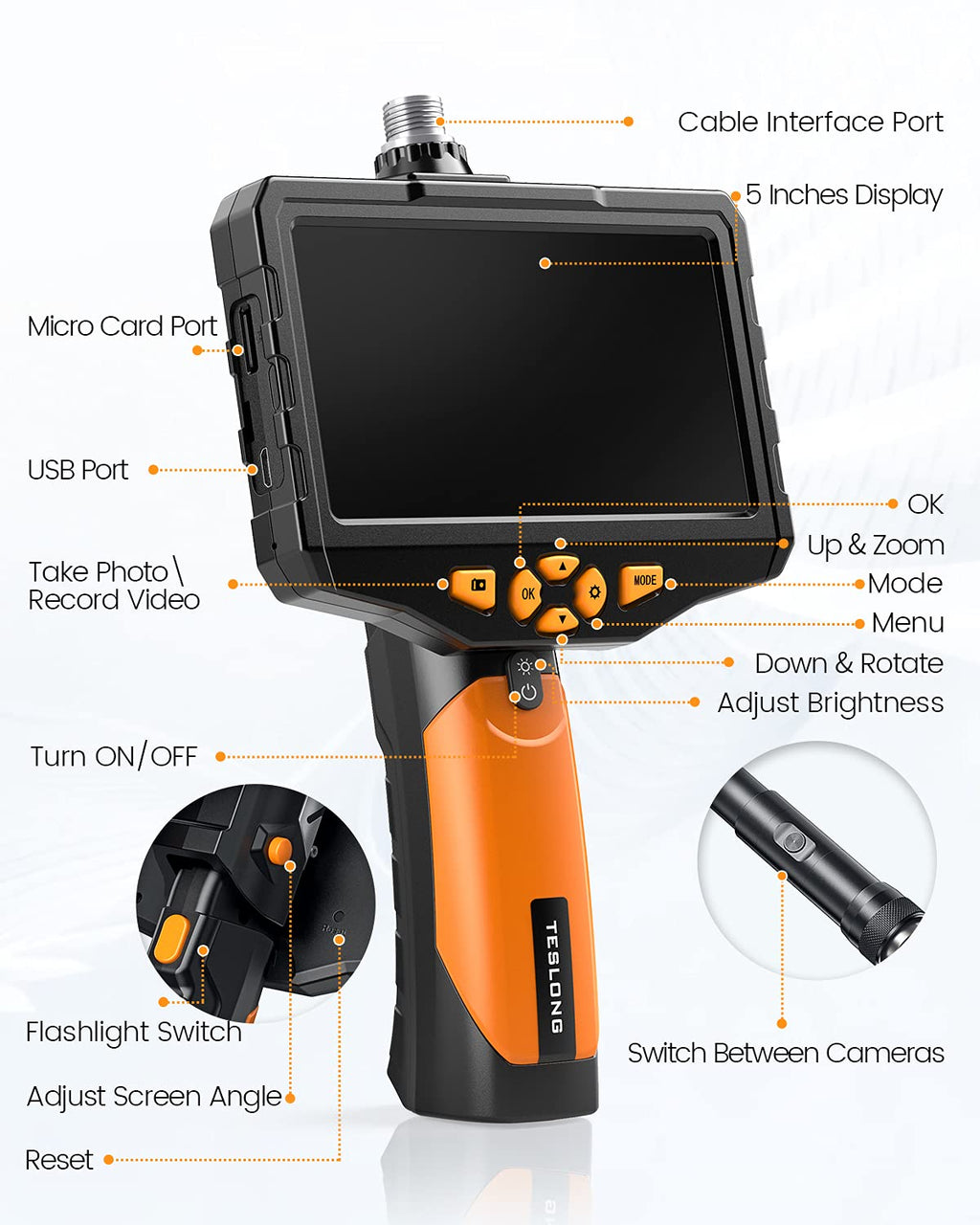 Dual Lens Inspection Camera with 5 IPS Screen and 16.4ft Flexible Probe G686