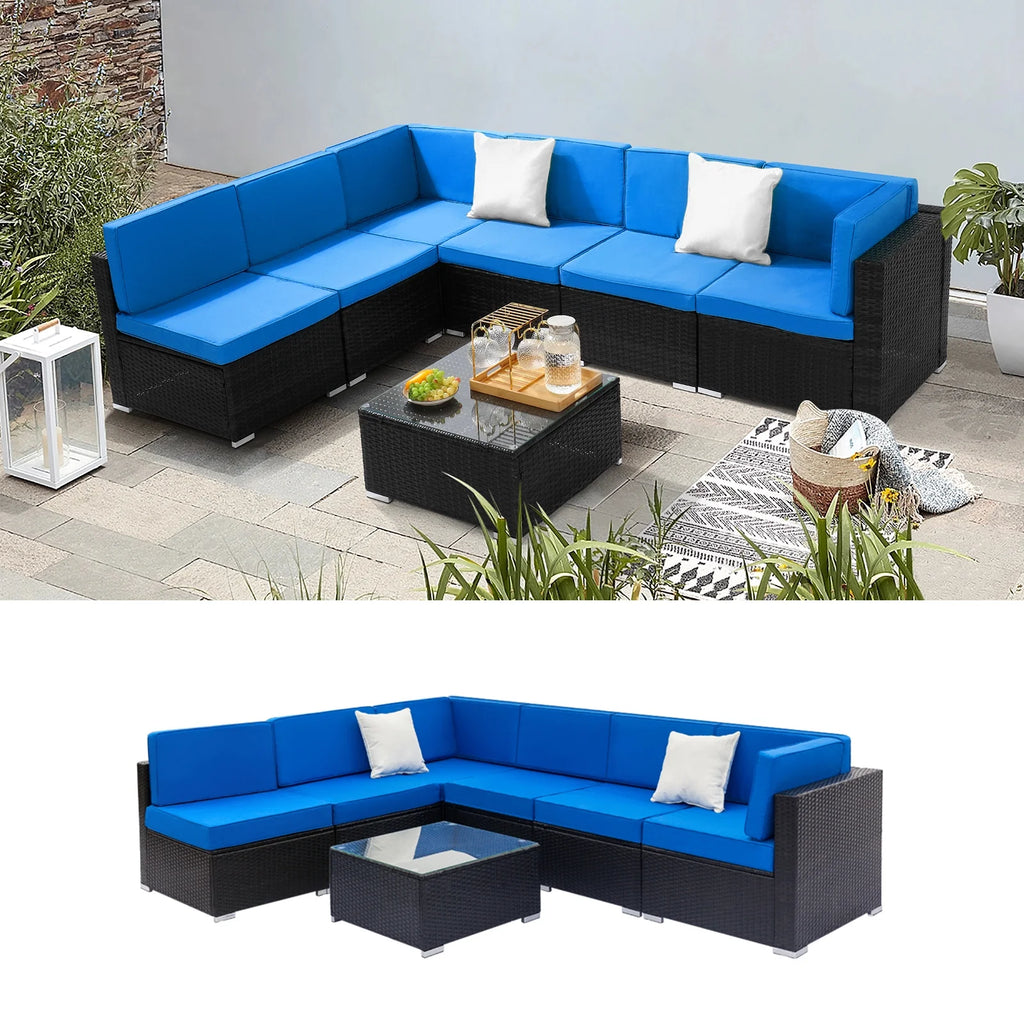 Blue and Black PE Rattan Patio Sectional Set with Table P34956