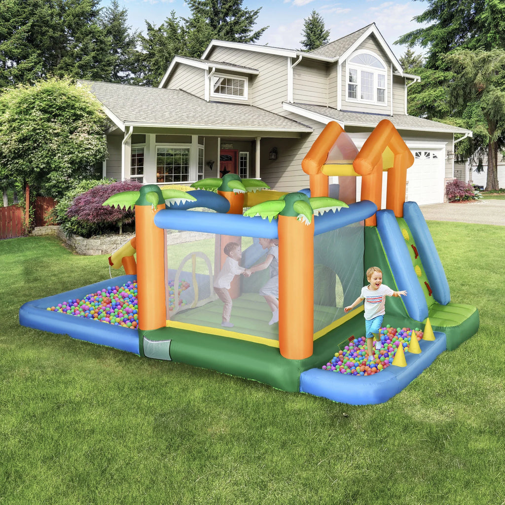 Inflatable Water Park with Blower, 6-in-1 Water Slide Jumping Castle D19318