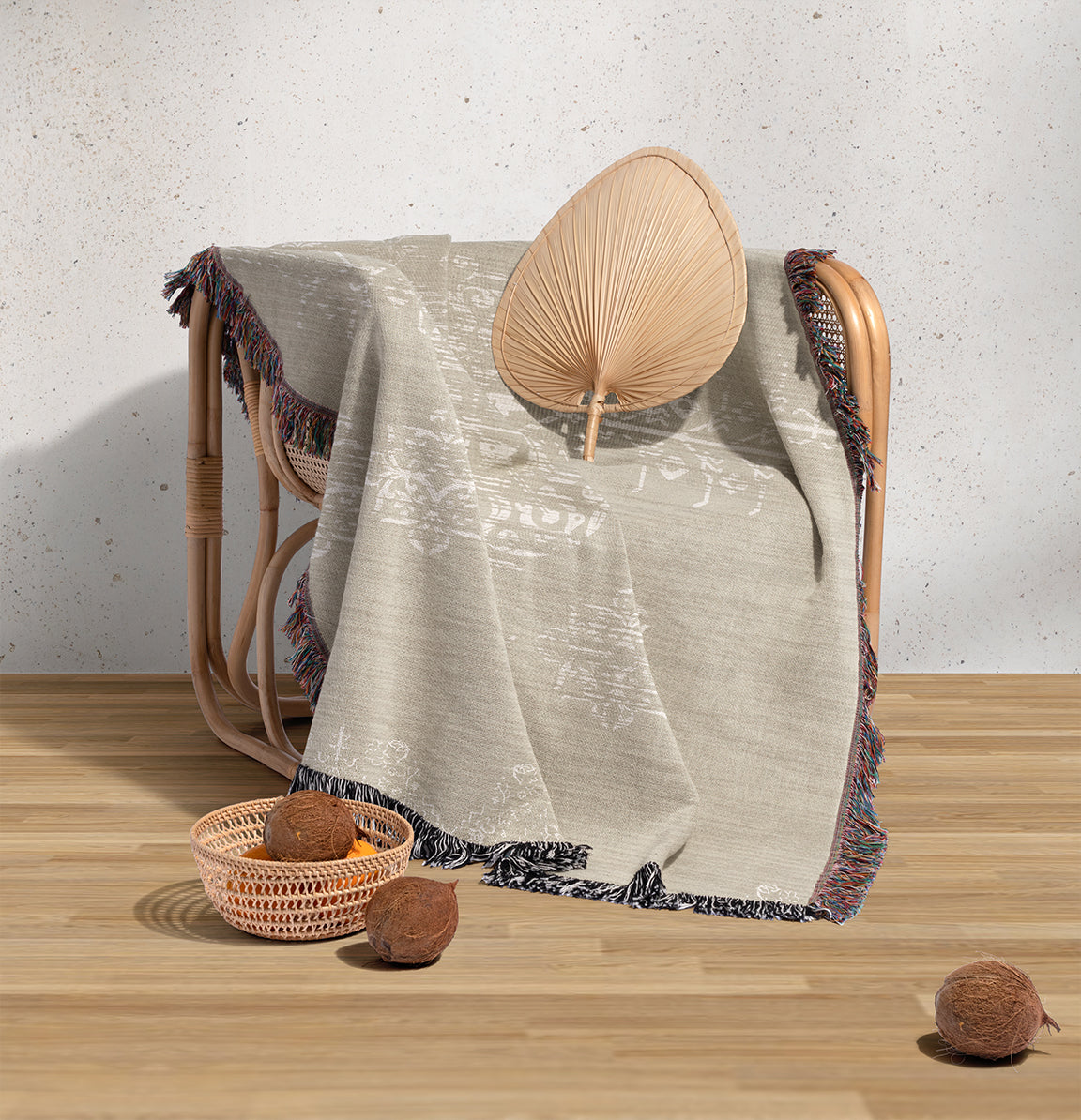 Beige Woven Throw Blanket with Fringe B460