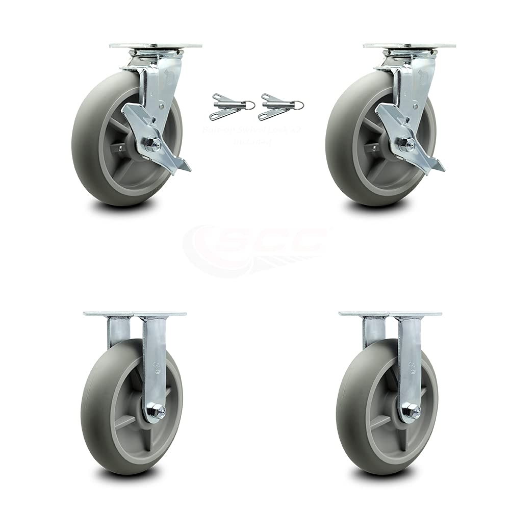 Housekeeping Cart Rigid Caster, 8 Inch Gray Non-Marking Thermoplastic Rubber Wheel, Pack of 2 N84225