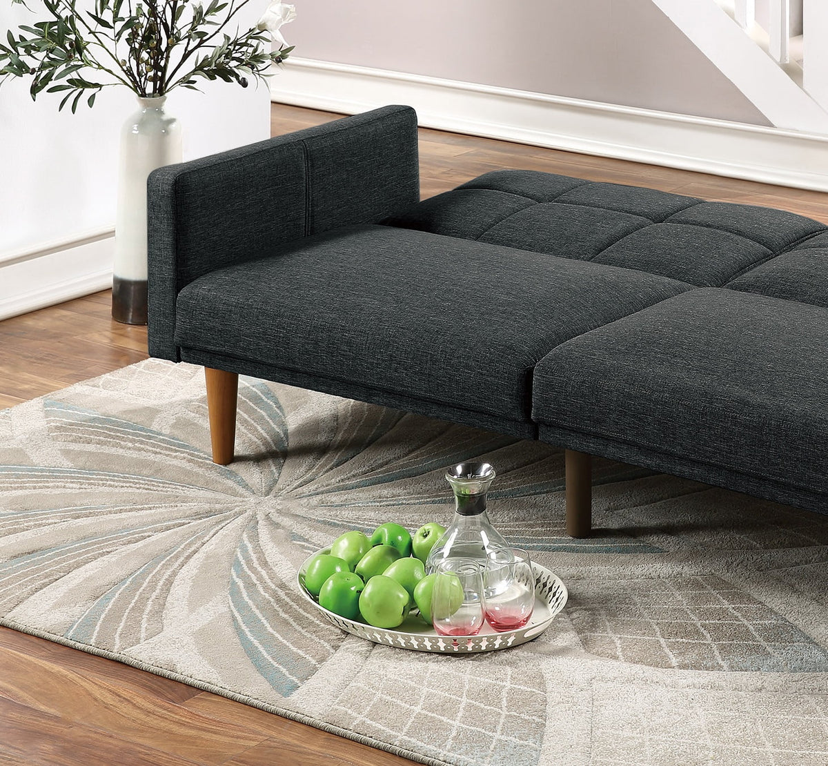 Black Polyfiber Convertible Sofa Couch Bed with Wooden Legs D565