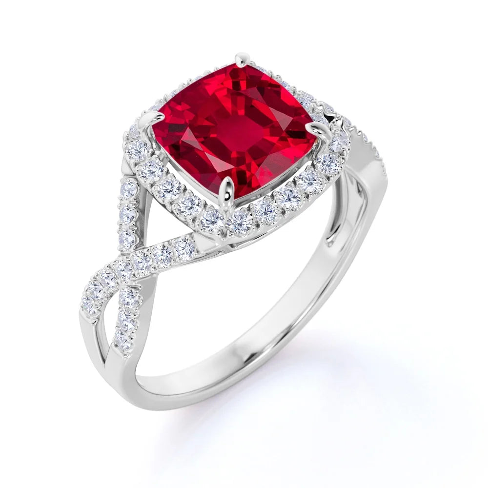 Cushion Cut Lab Created Ruby and Moissanite Crossover Pave Engagement Ring V997957