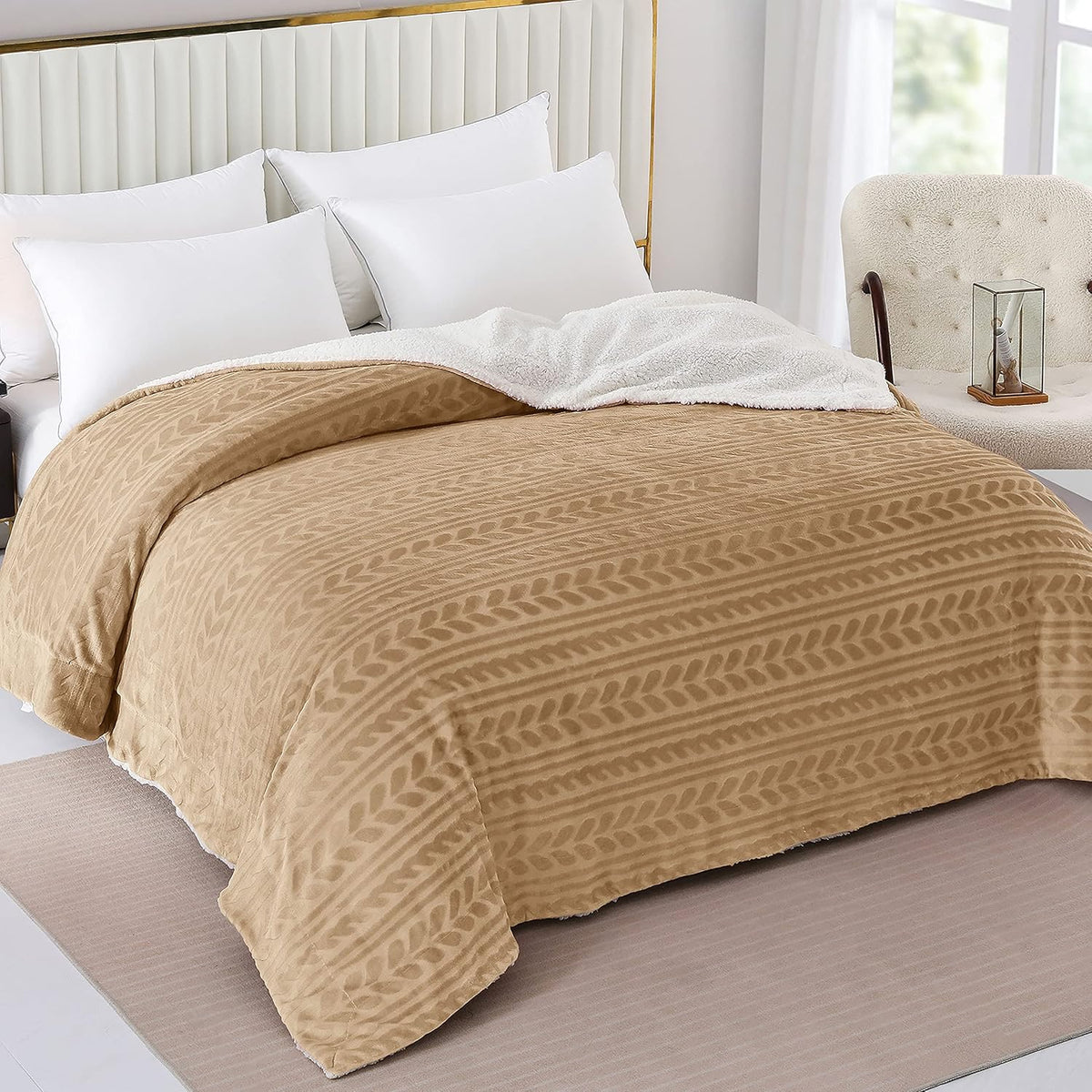 Camel Sherpa Fleece Throw Blanket with Leaves Pattern V581