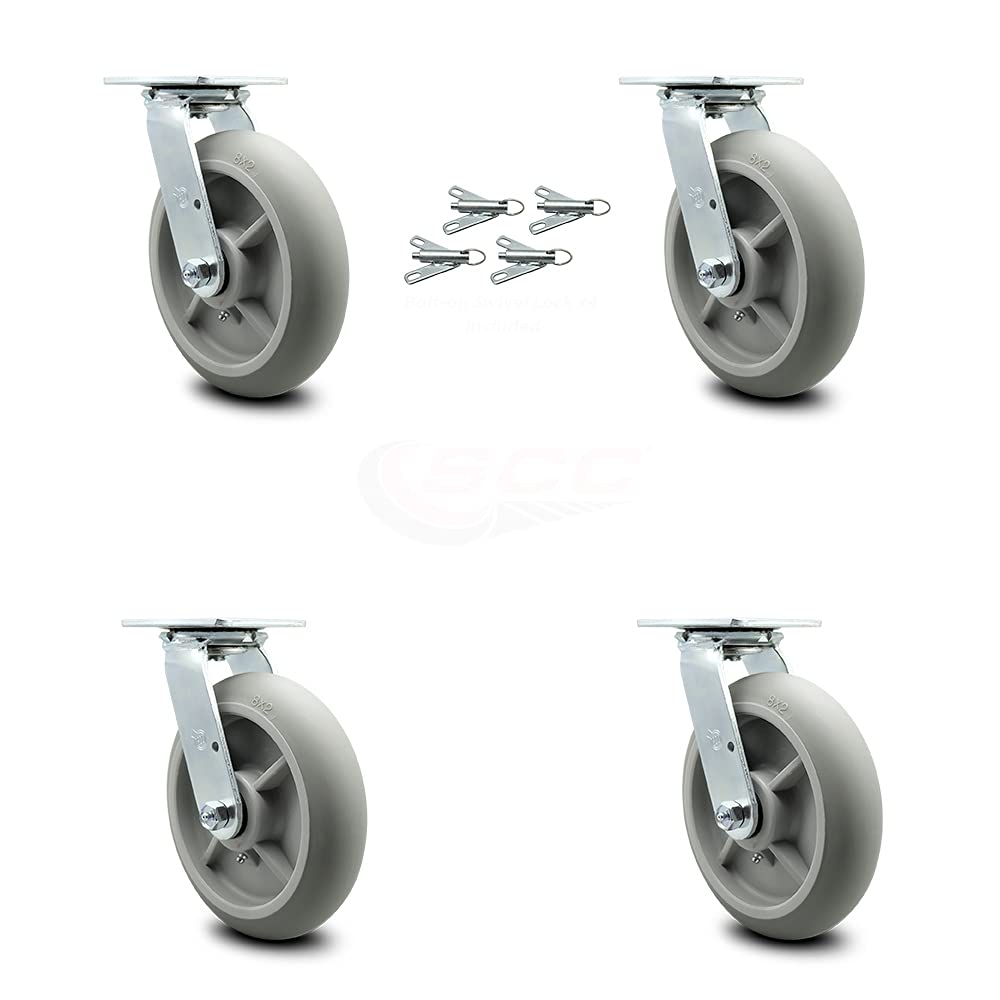 Housekeeping Cart Rigid Caster, 8 Inch Gray Non-Marking Thermoplastic Rubber Wheel, Pack of 2 N84225