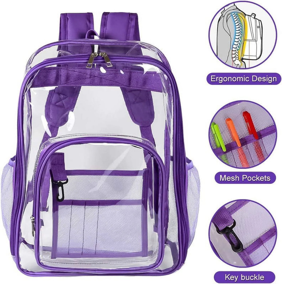 Purple 3pcs Waterproof Clear PVC Backpack Set with Reinforced Padded Straps L87351
