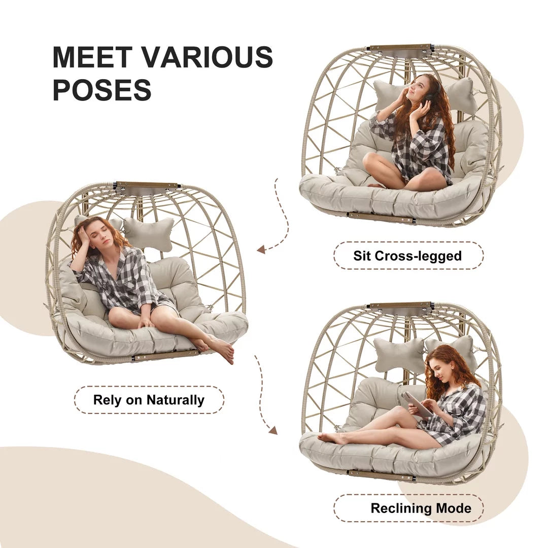 Beige Wicker Double Egg Chair with Stand Q4526