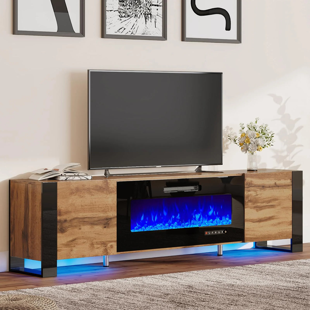 80" Fireplace TV Stand with LED Lights, Rustic Oak Y54513