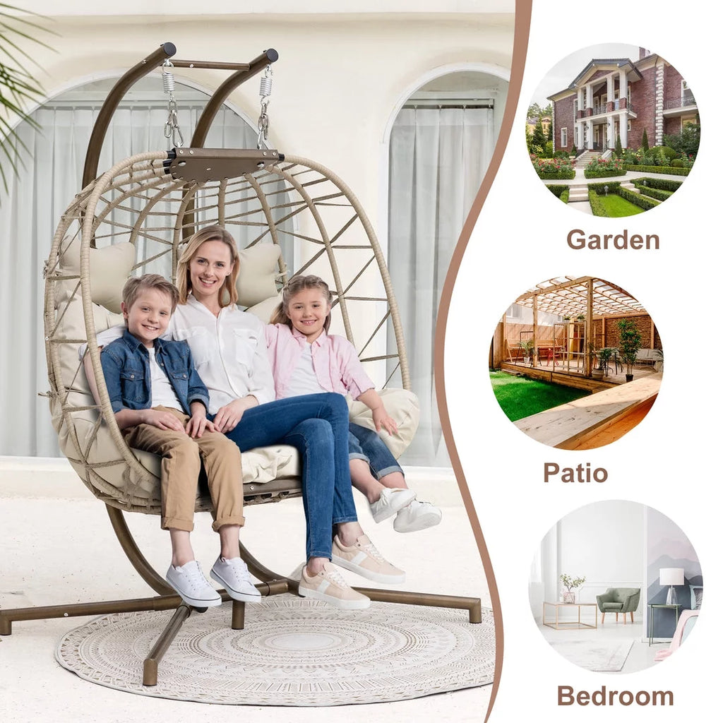 Beige Wicker Double Egg Chair with Stand Q4526