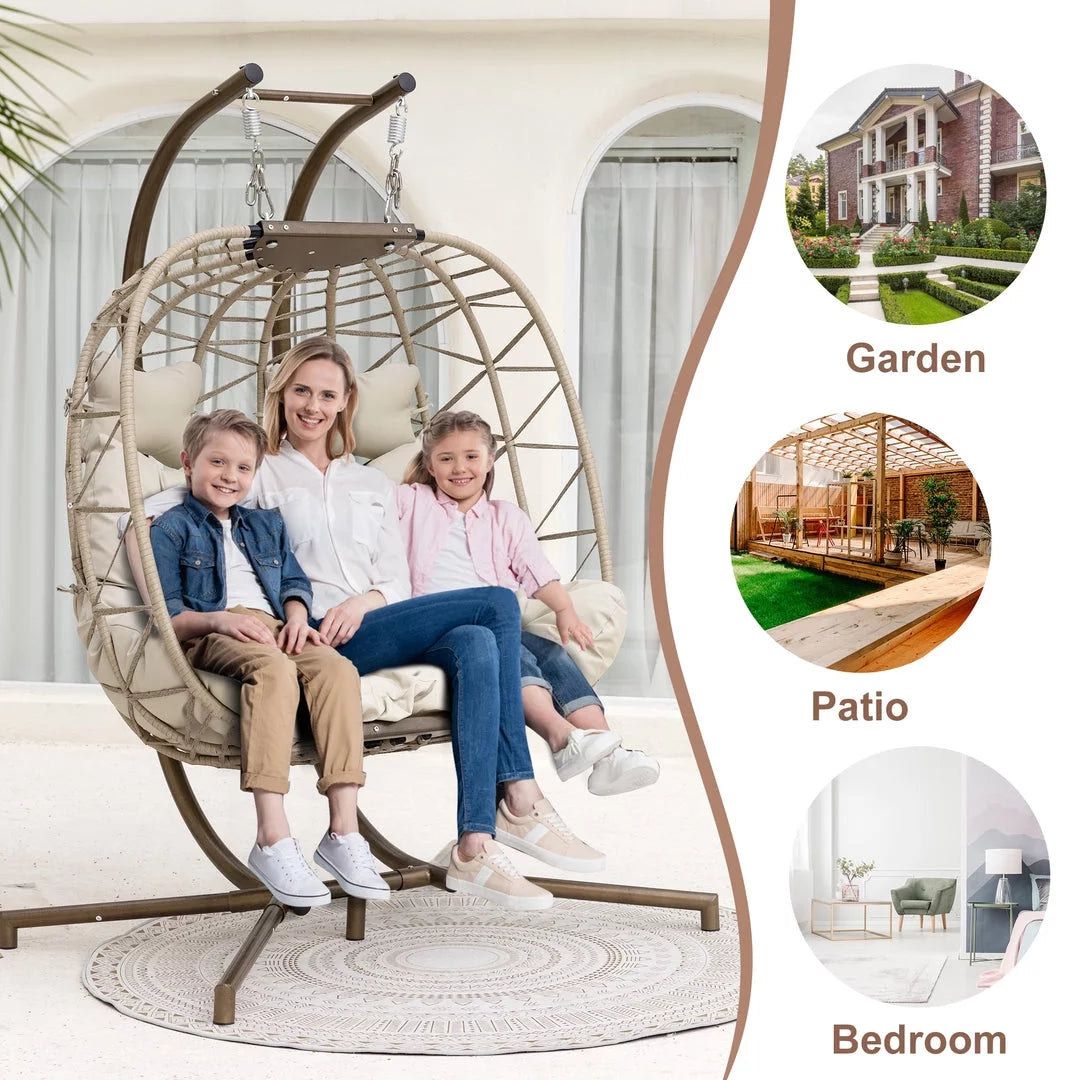 Beige Wicker Double Egg Chair with Stand Q4526