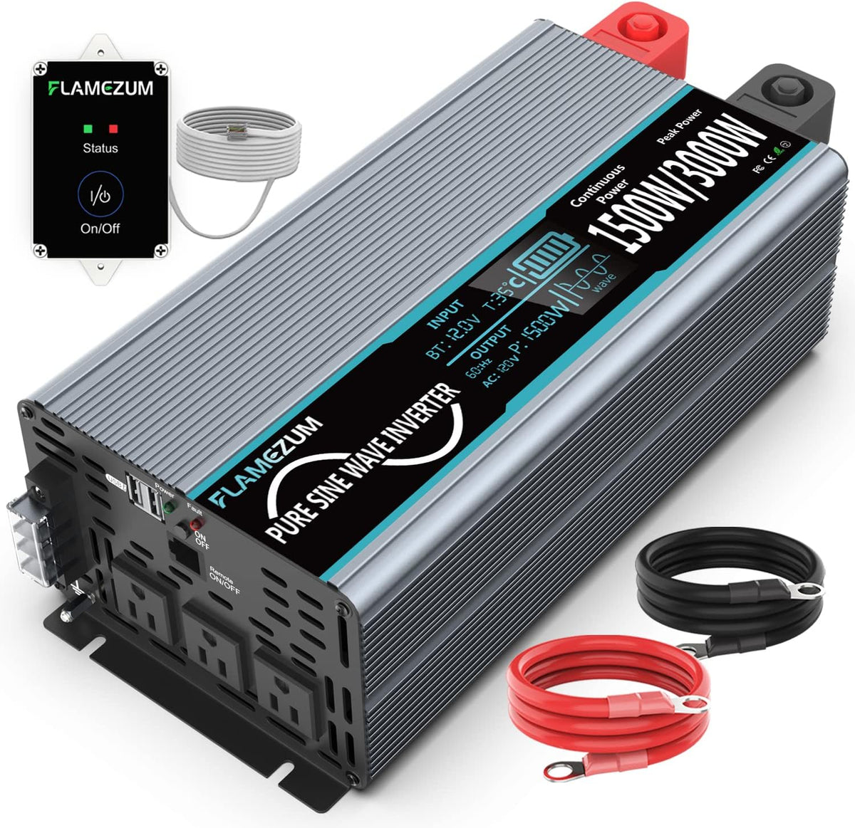 1500 Watt 12V DC to 110V AC Power Inverter with 3 AC Outlets and 2 USB Ports N660799