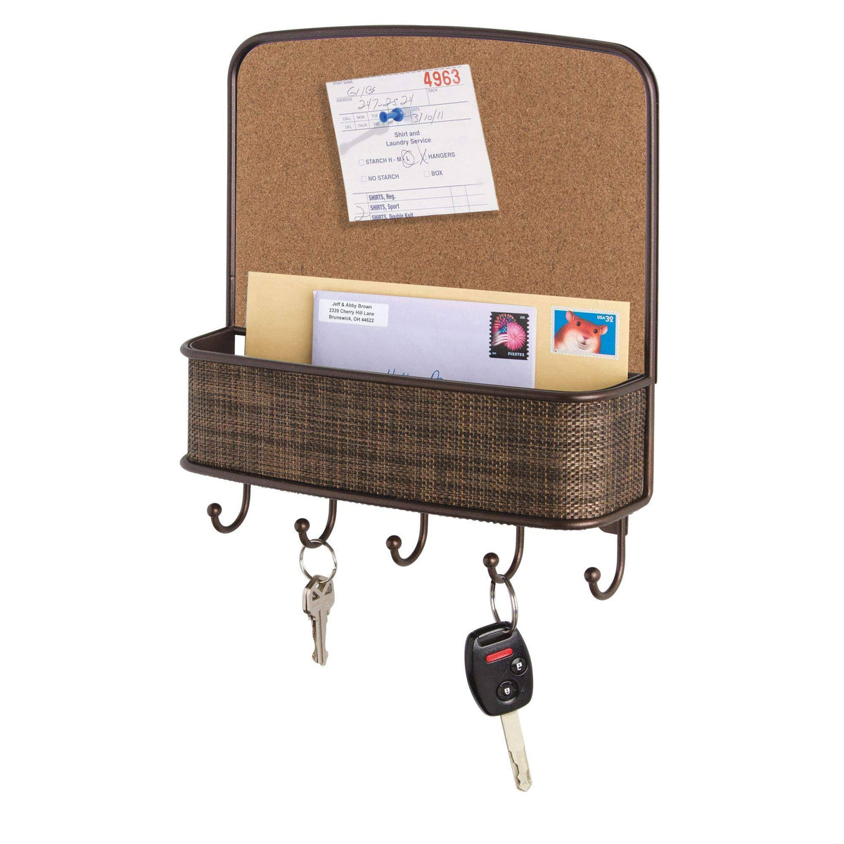 Metal Wall Mount Corkboard Key and Mail Rack 5-Hook Organizer H3604
