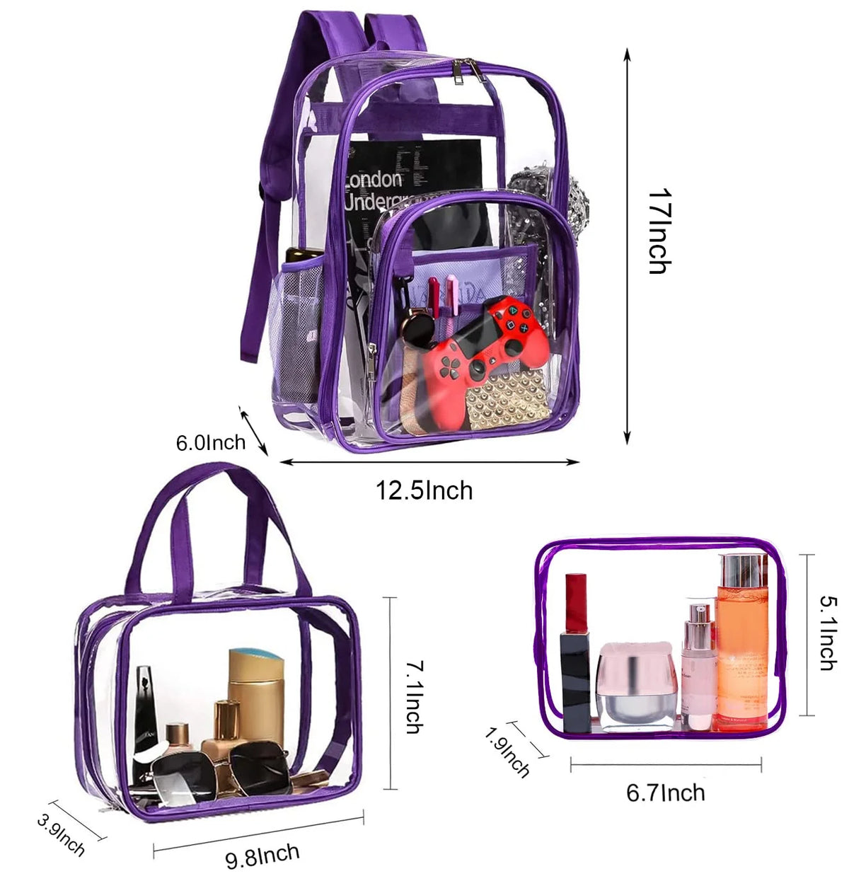 Purple 3pcs Waterproof Clear PVC Backpack Set with Reinforced Padded Straps L87351