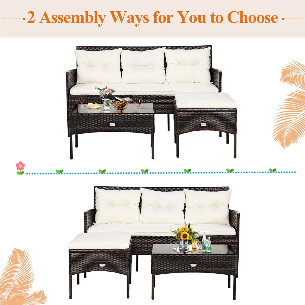 3 Pc Cushioned Patio Rattan Sofa Set G7951