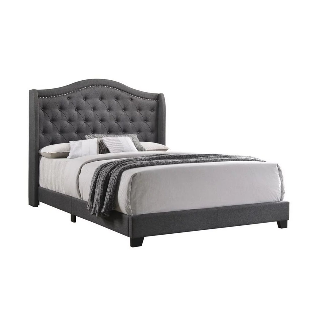 Gray Fabric Upholstered Wood Full Bed with Camelback Headboard X300789