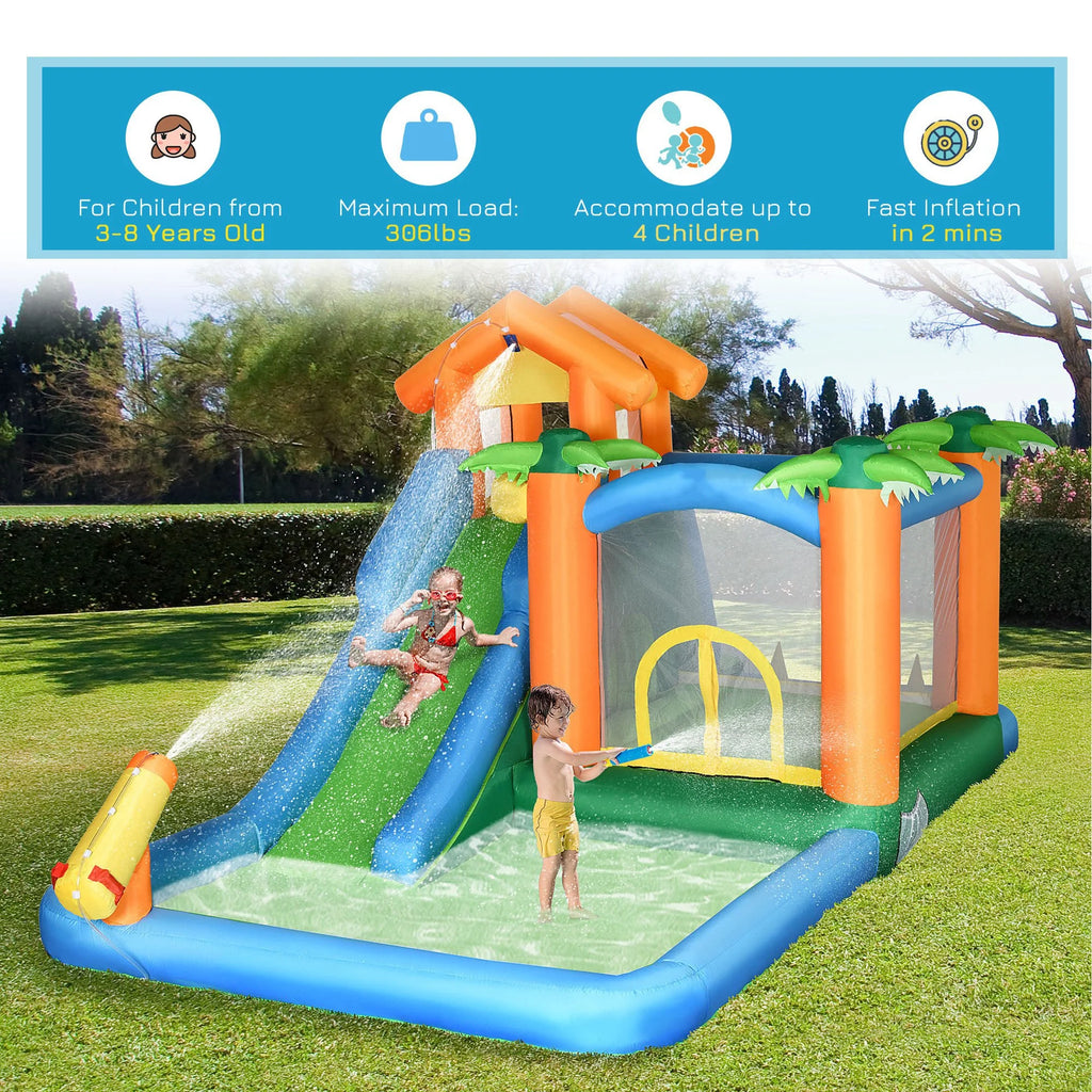 Inflatable Water Park with Blower, 6-in-1 Water Slide Jumping Castle D19318