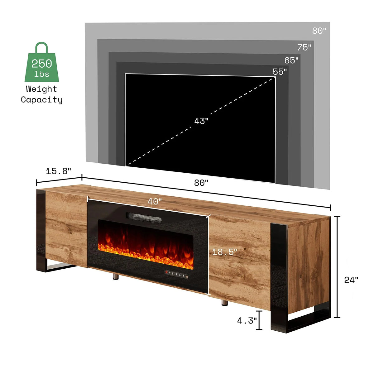 80" Fireplace TV Stand with LED Lights, Rustic Oak Y54513