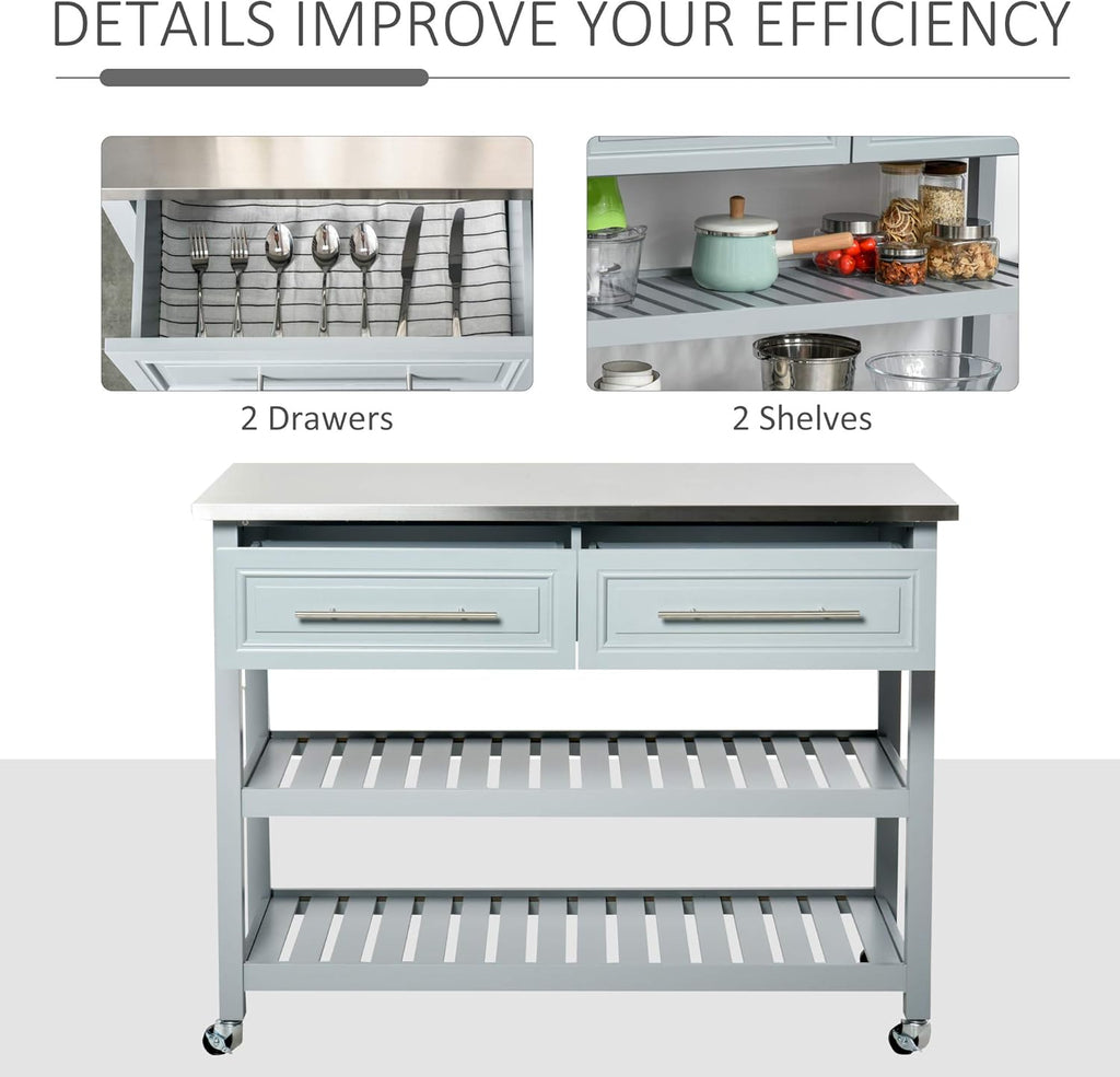 Grey Stainless Steel Top Rolling Utility Cart with Drawers and Shelves X46277