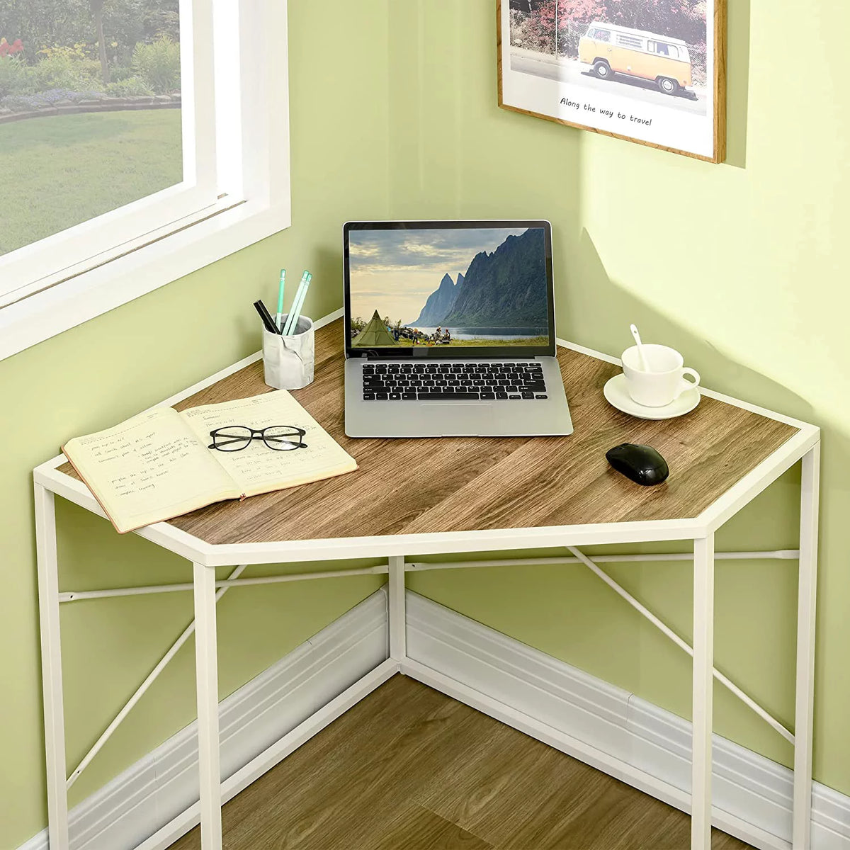 White Corner Computer Desk with Steel Frame T339