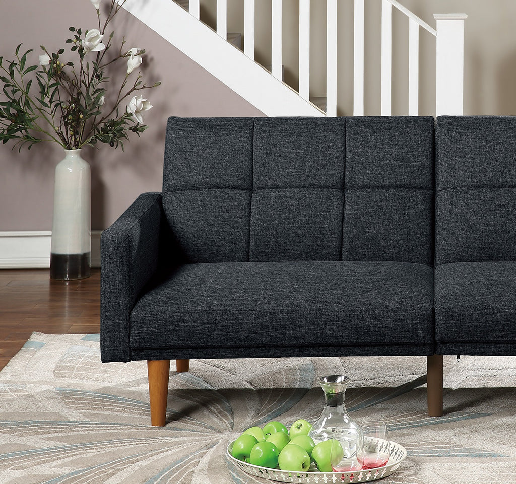 Black Polyfiber Convertible Sofa Couch Bed with Wooden Legs D565