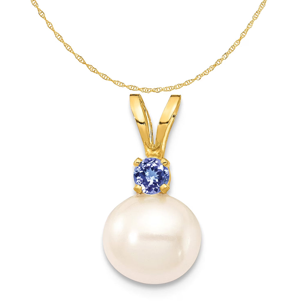 14K Yellow Gold Fresh-Water-Cultured Pearl Tanzanite Pendant Charm with Rope Chain Necklace 16'' K98536