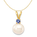14K Yellow Gold Fresh-Water-Cultured Pearl Tanzanite Pendant Charm with Rope Chain Necklace 16'' K98536