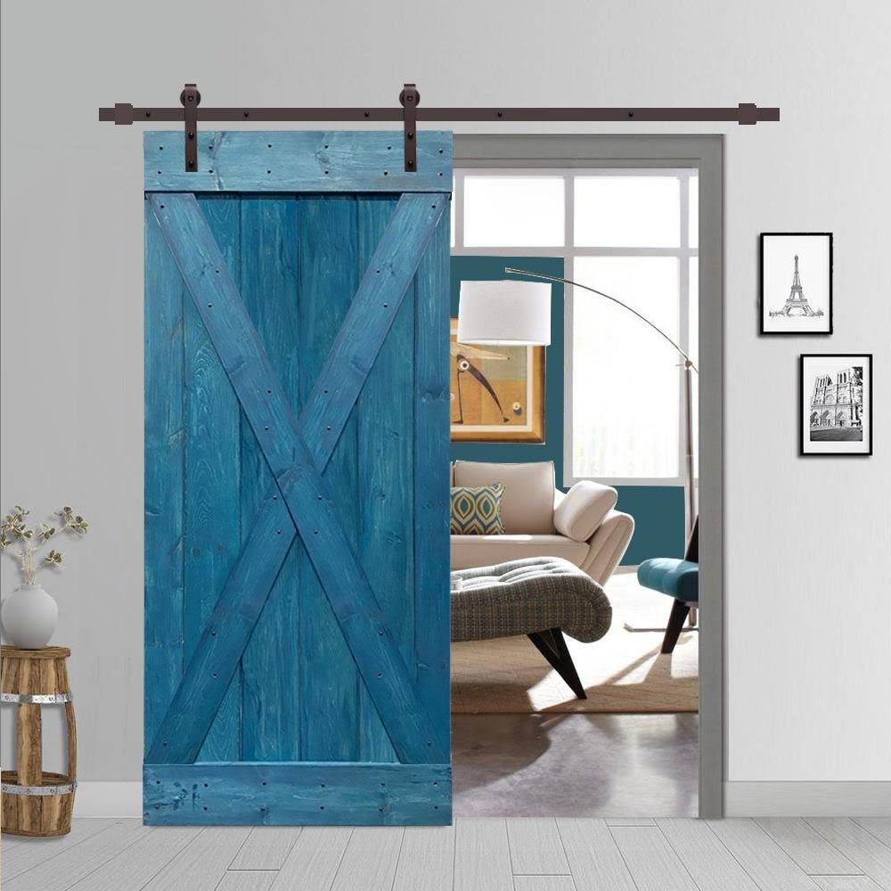 Ocean Blue Stained Wood Interior Sliding Barn Door with Hardware Kit S8650