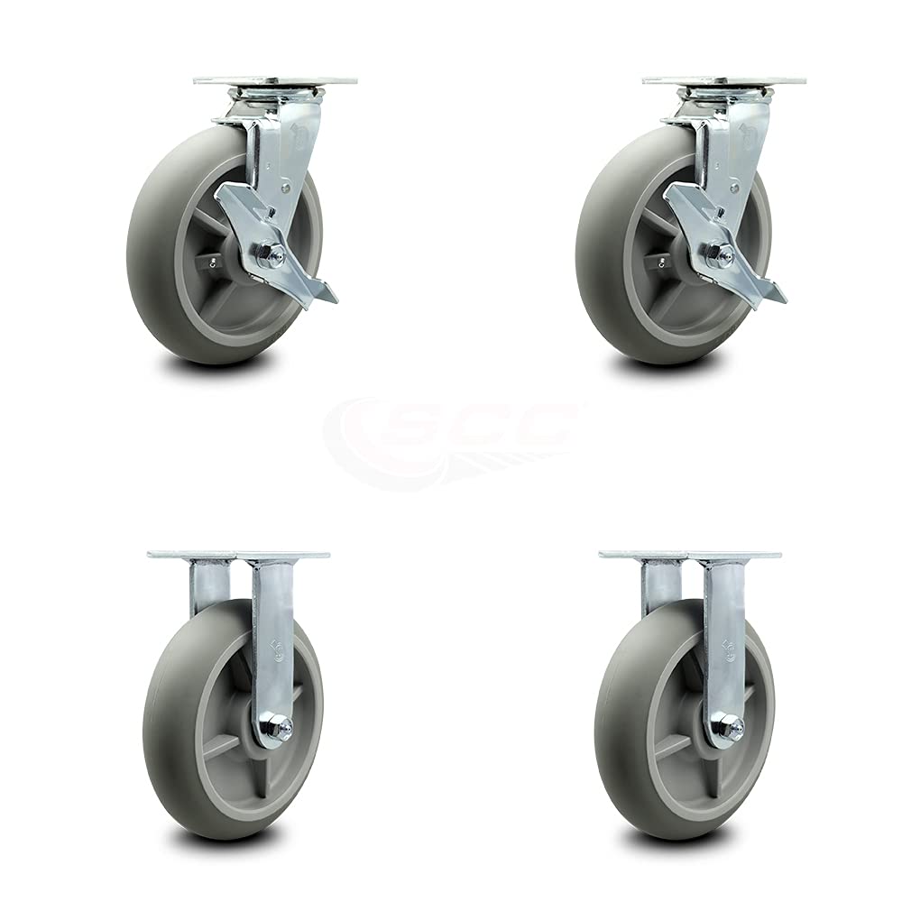 Housekeeping Cart Rigid Caster, 8 Inch Gray Non-Marking Thermoplastic Rubber Wheel, Pack of 2 N84225