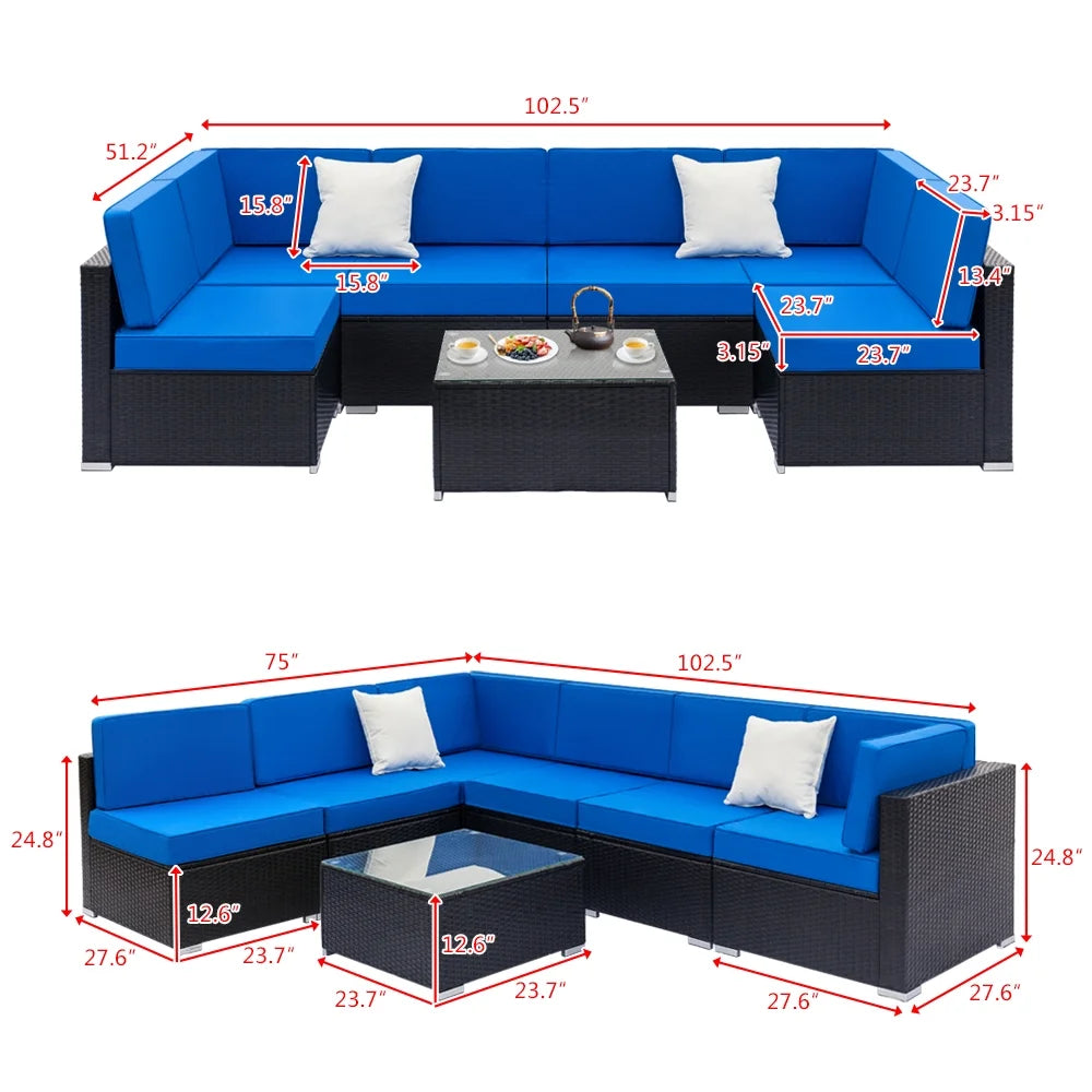 Blue and Black PE Rattan Patio Sectional Set with Table P34956