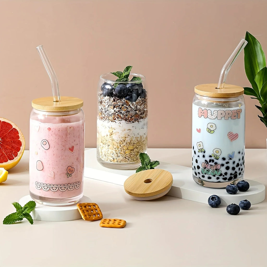 16oz Can Shaped Drinking Glasses with Bamboo Lids and Glass Straws K502