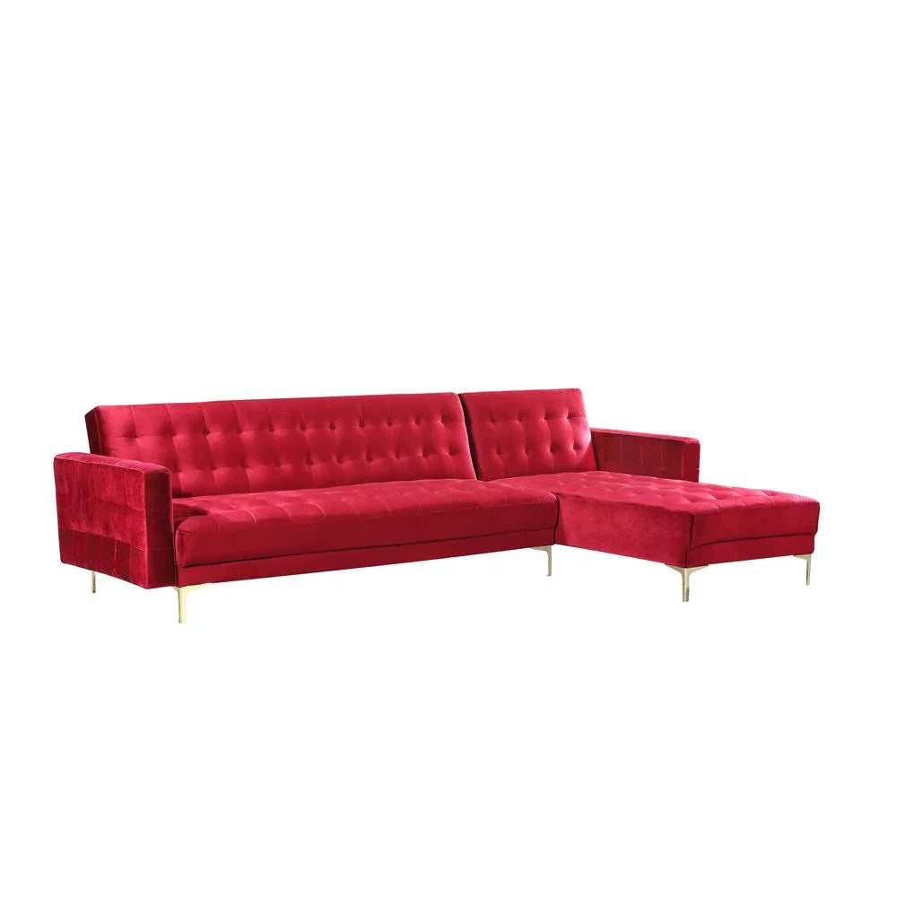Right Facing Convertible Sectional Sofa Sleeper Bed L Shape Chaise Tufted Velvet Upholstered Red Y9624