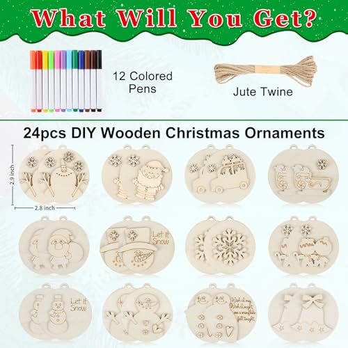 24 Pcs DIY Wooden Christmas Ornaments Painting Kit V8262
