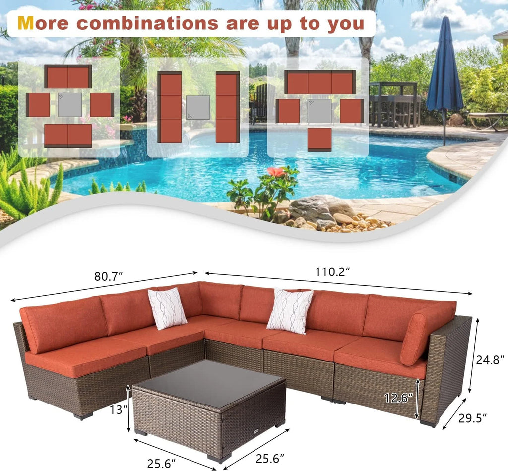Maple Red Cushions 7Pcs Outdoor Wicker Sectional Sofa F207987