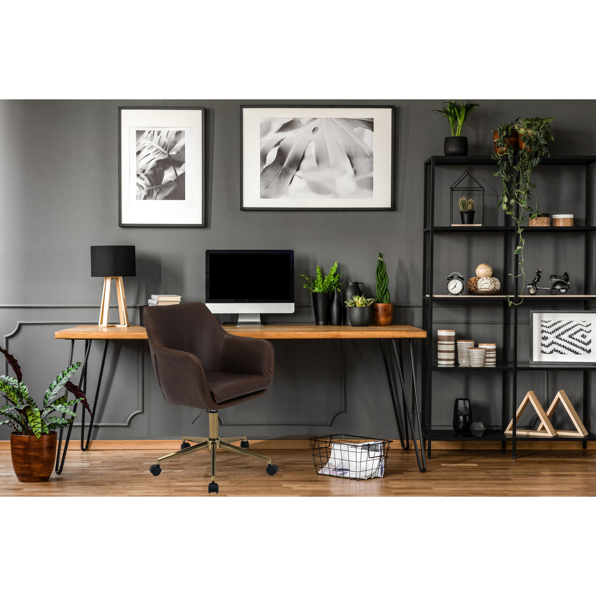 Tufted Office Chair in Faux Brown Leather with Wheels N682963