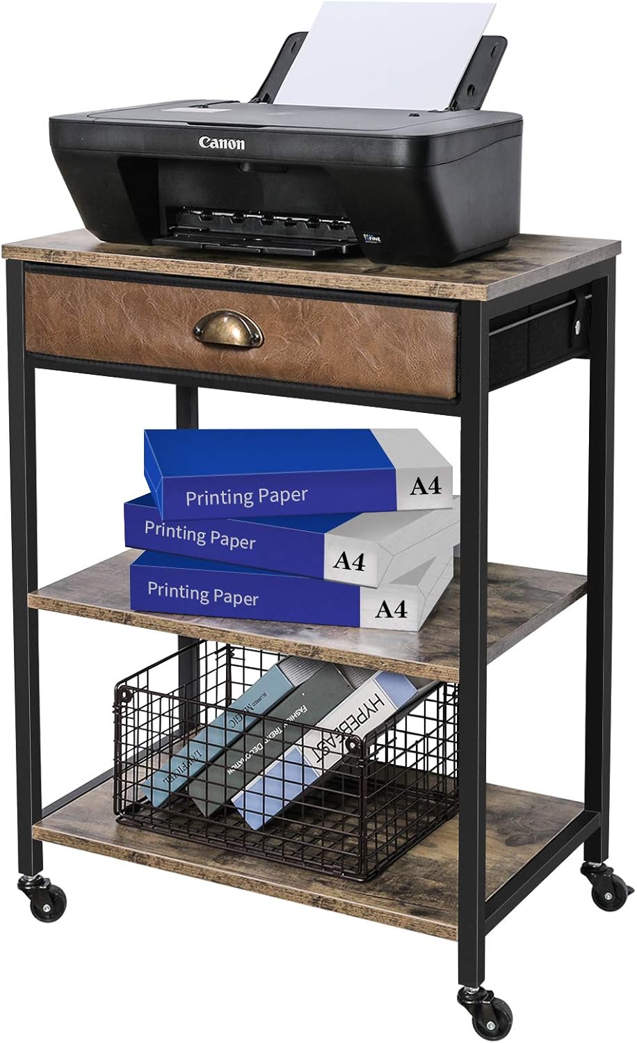 Rustic Brown 3 Tier Printer Cart with Drawer U158383