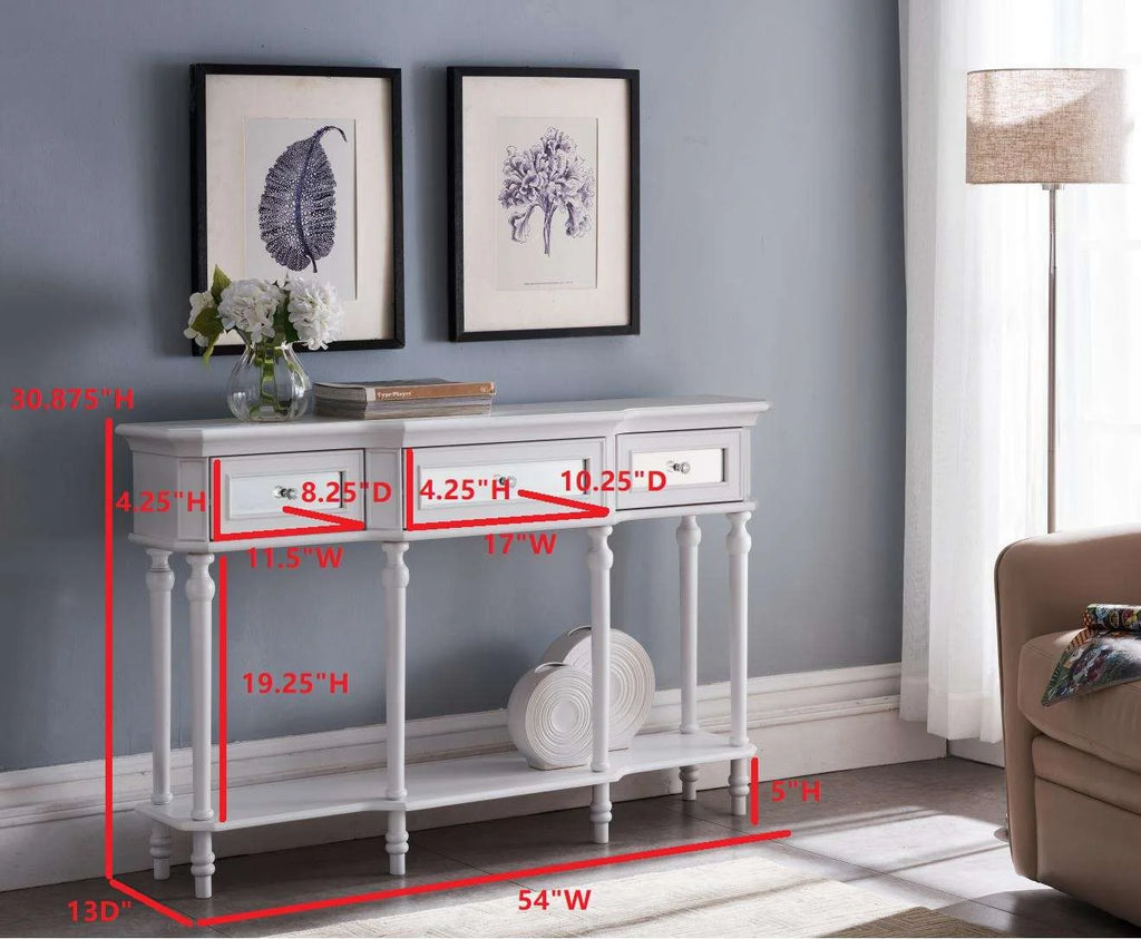 White Console Table with Mirrored Storage Drawers and Lower Shelf H962022