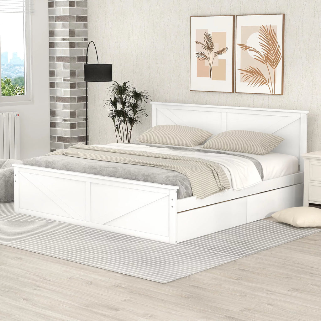 White King Size Wood Bed Frame with Storage Drawers B45872