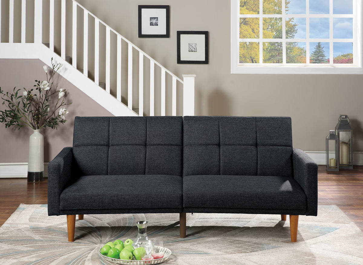 Black Polyfiber Convertible Sofa Couch Bed with Wooden Legs D565