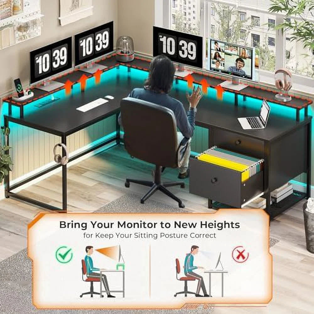 Black L Shaped Corner Computer Desk with Drawers P2695