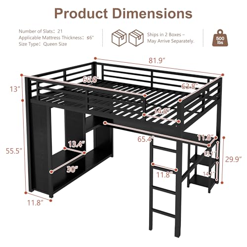 Queen Heavy Duty Metal Loft Bed with L-Shaped Desk, Wardrobe & 5 Storage Shelves X92616
