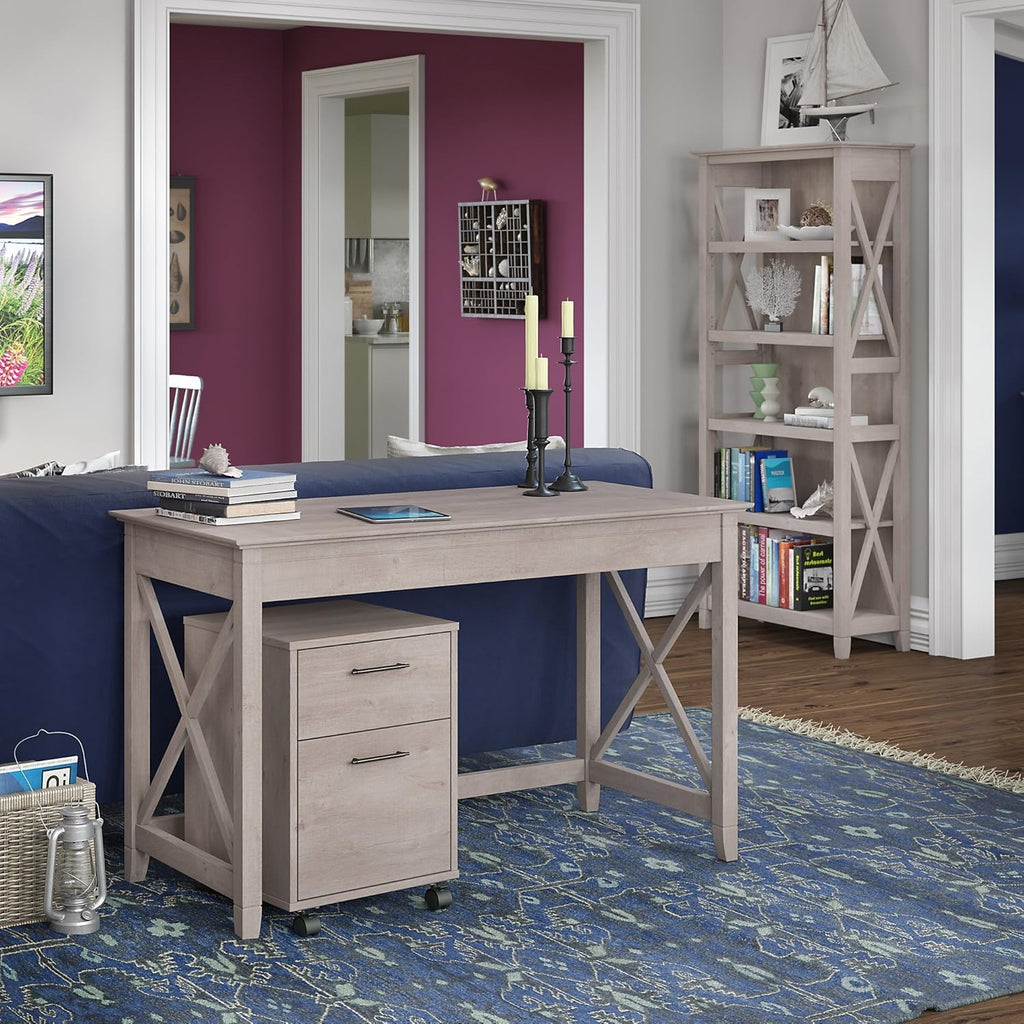 48W Writing Desk with 2 Drawer Mobile File Cabinet and 5 Shelf Bookcase, Pure White Oak X421913
