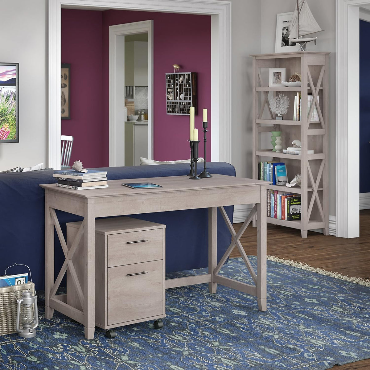 48W Writing Desk with 2 Drawer Mobile File Cabinet and 5 Shelf Bookcase, Pure White Oak X421913