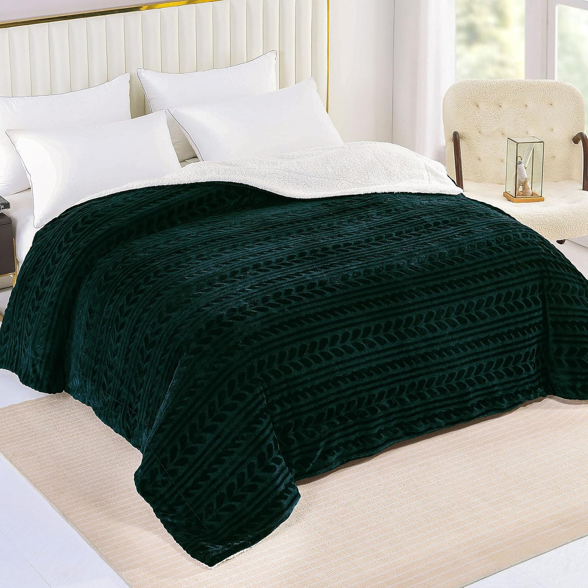 Camel Sherpa Fleece Throw Blanket with Leaves Pattern V581