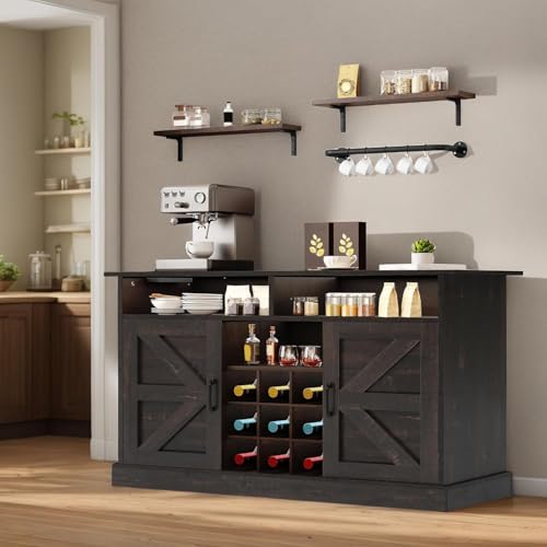Rustic Brown Buffet Cabinet with Power Outlet and Floating Shelves P635702