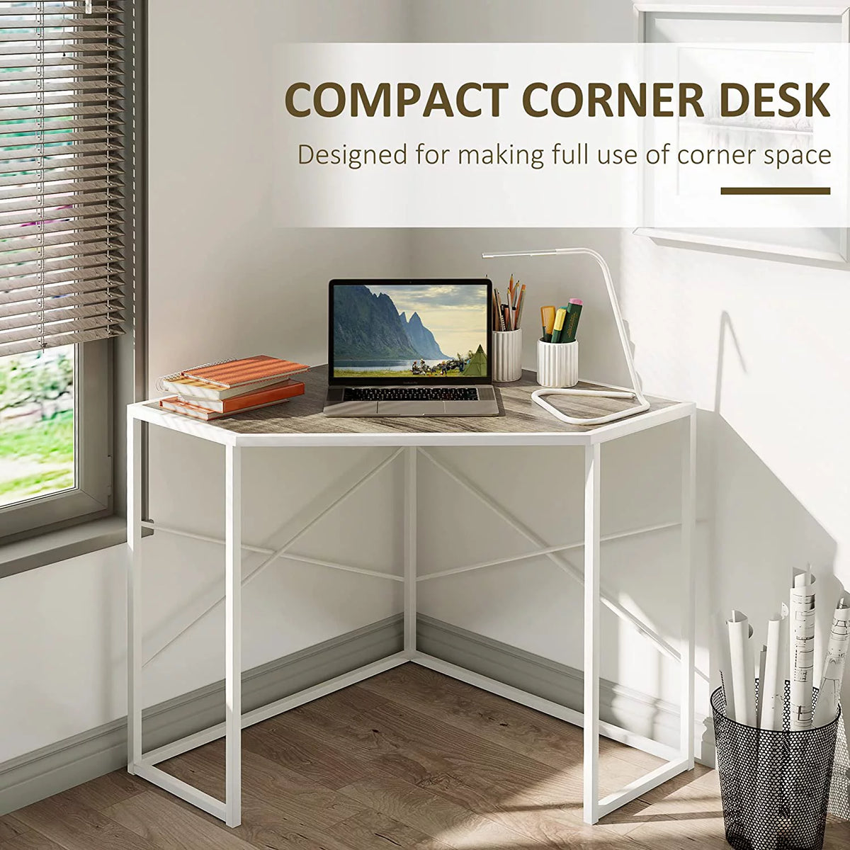 White Corner Computer Desk with Steel Frame T339
